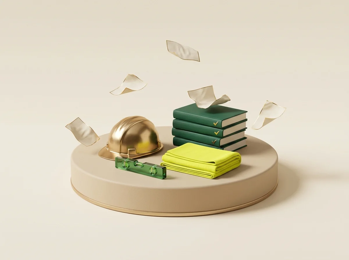 A construction helmet sits on books and a yellow blanket, representing vocational training resources.