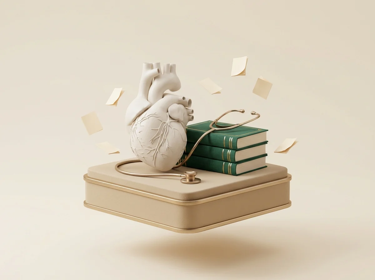 A graphic representing health and community services resources with a heart, books, and stethoscope.