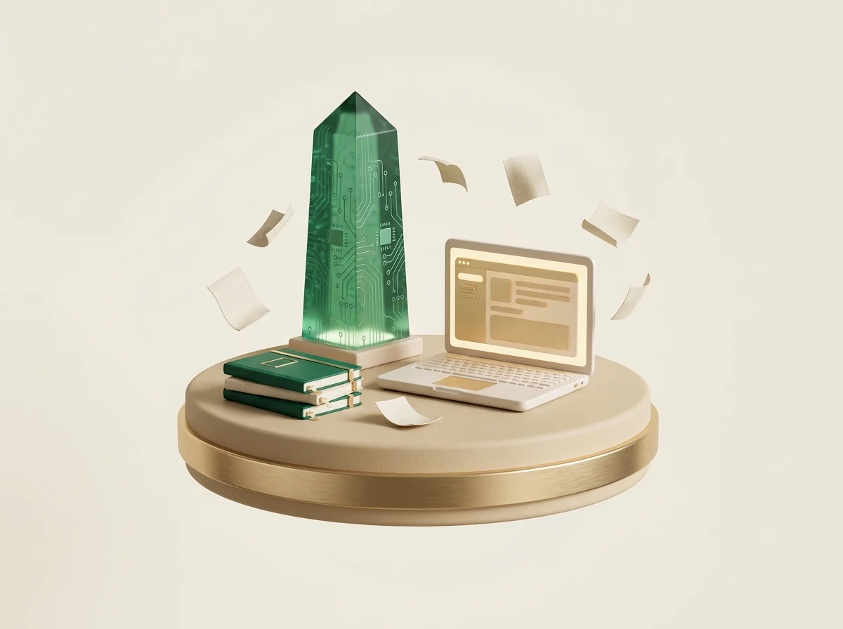 A laptop, books and a glowing crystal represent digital and information technology resources for RTOs.