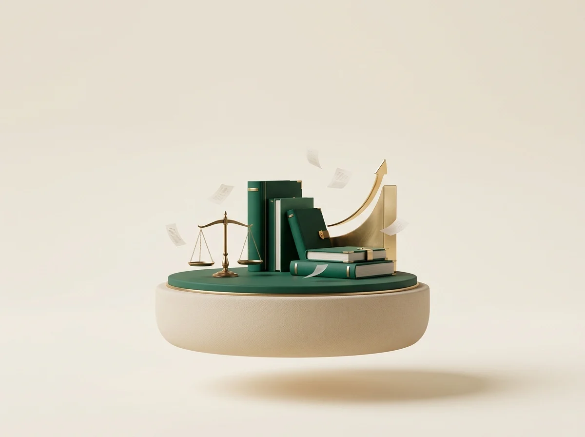 A graphic displays law books and scales of justice representing the legal system, useful for vet training materials.